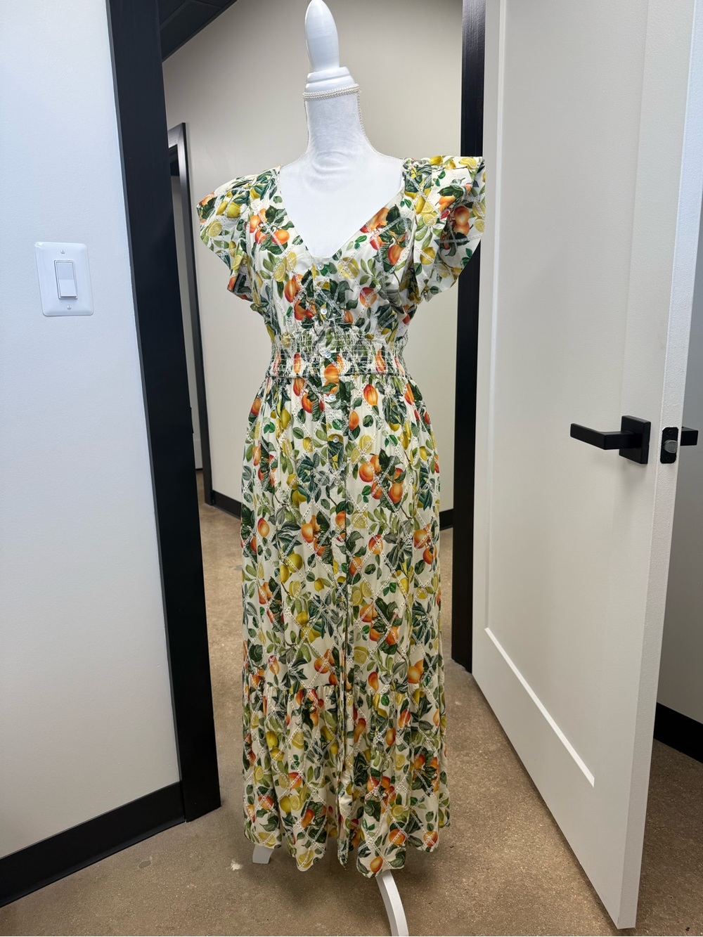 Floral Fruit Print V-Neck Maxi Dress - Yellow/Green